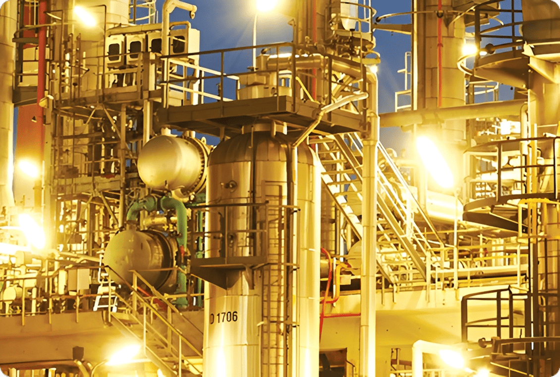 Illuminated industrial facility with metal structures