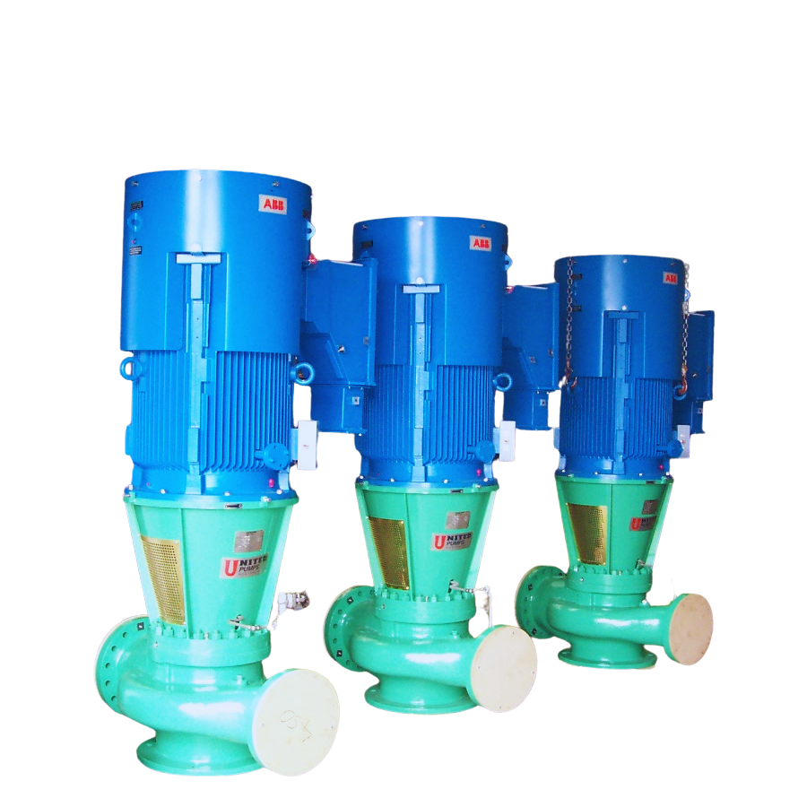Three vertical green pumps with blue motors